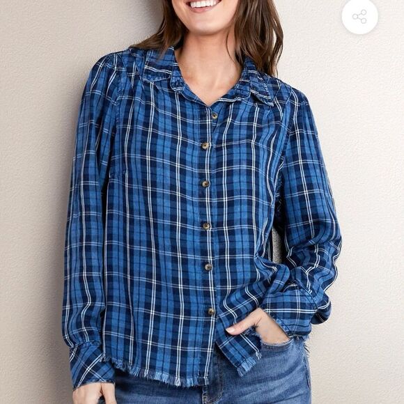 💠 Billy T Izzy Pleat Shirt Blue Scotch Plaid Size L - Picture 1 of 11